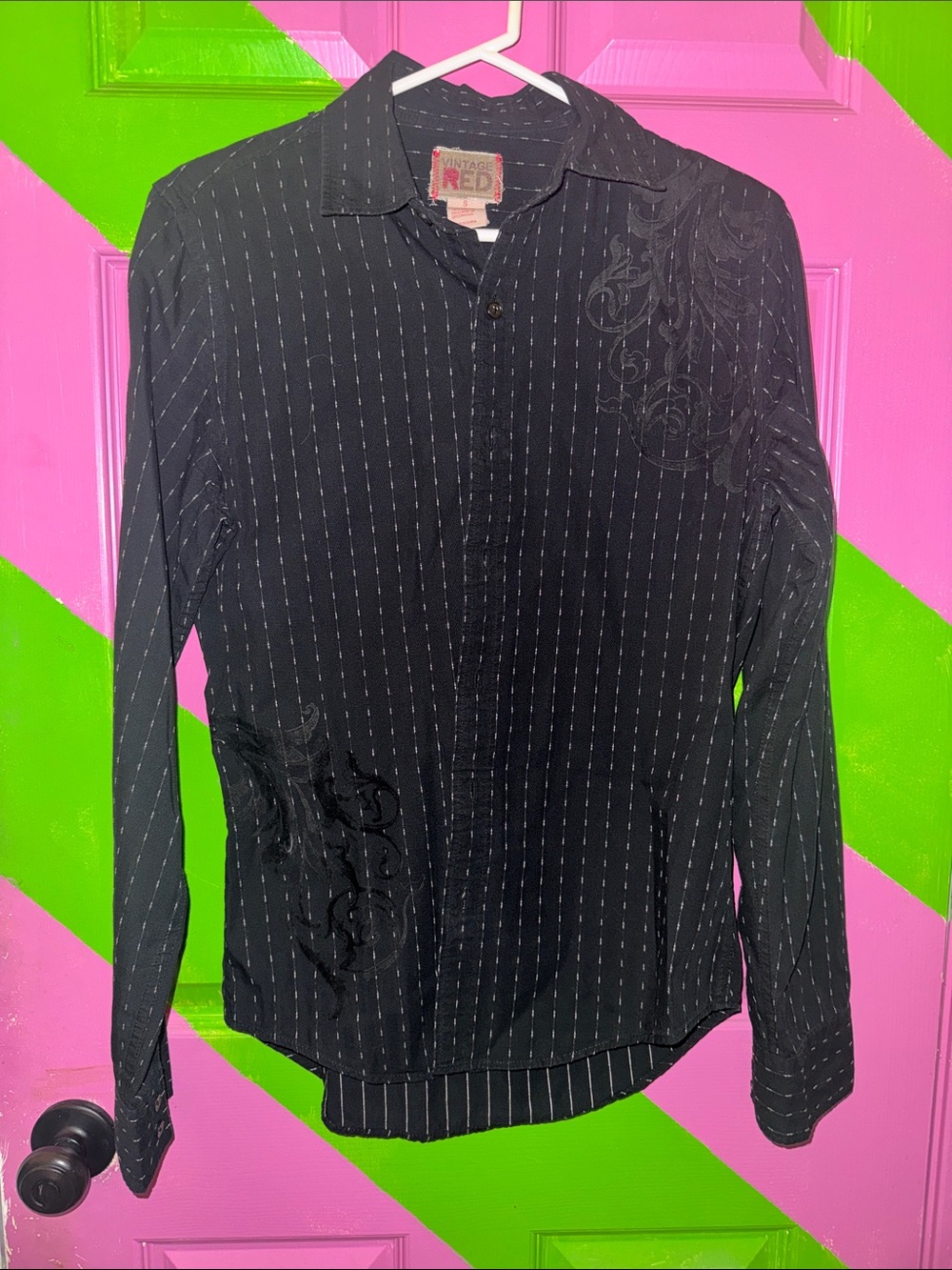 Vintage Black Pinstripe Button-Down Shirt with Subtle Embroidery
